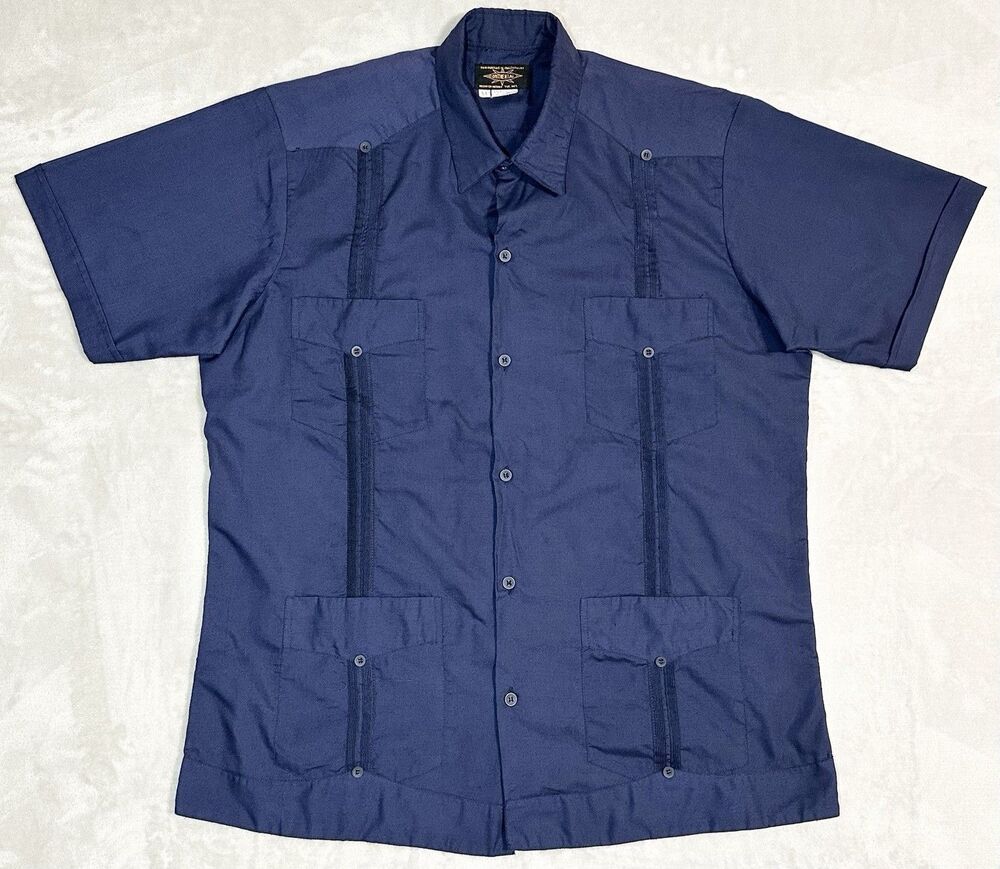 Vintage 70s Guayaberas y Chazarillas Continental Men's M Navy 4 Pocket Shirt